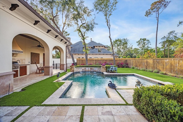 view of swimming pool with area for grilling, a fenced backyard, a fenced in pool, ceiling fan, and a patio area