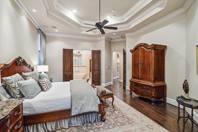 bedroom featuring arched walkways, crown molding, a raised ceiling, and dark wood-style flooring