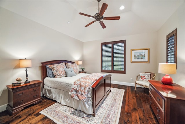 bedroom featuring baseboards, vaulted ceiling, recessed lighting, a ceiling fan, and dark wood-style flooring