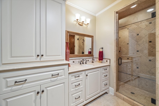 full bathroom with a stall shower, ornamental molding, vanity, and tile patterned floors