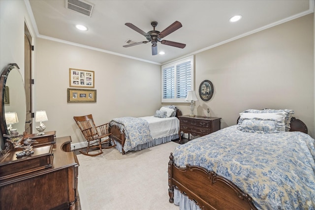 bedroom with a ceiling fan, visible vents, recessed lighting, ornamental molding, and carpet flooring