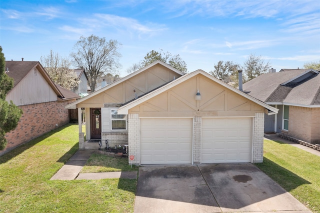 view of front facade featuring concrete driveway, brick siding, an attached garage, and a front lawn