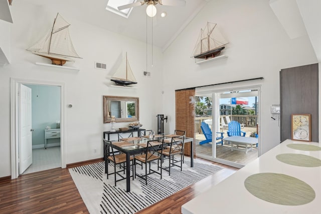 dining space with a ceiling fan, baseboards, visible vents, and wood finished floors