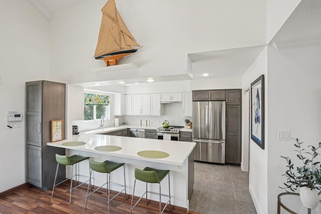 kitchen with stainless steel appliances, a peninsula, a towering ceiling, a kitchen breakfast bar, and light countertops