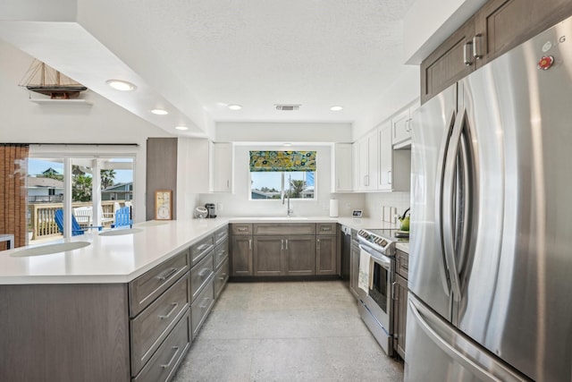 kitchen with a peninsula, visible vents, stainless steel appliances, and a wealth of natural light