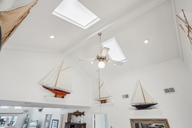 details with beam ceiling, a skylight, visible vents, and a ceiling fan