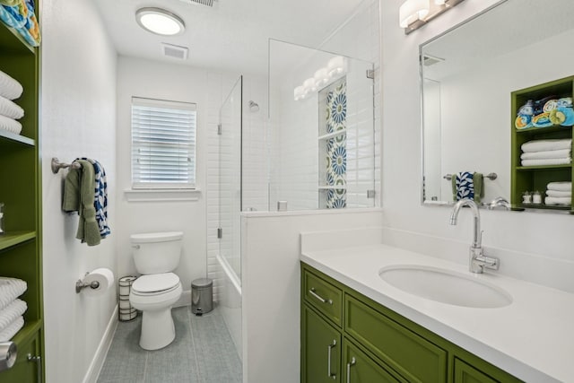 full bath featuring shower / bath combination, visible vents, toilet, tile patterned floors, and vanity