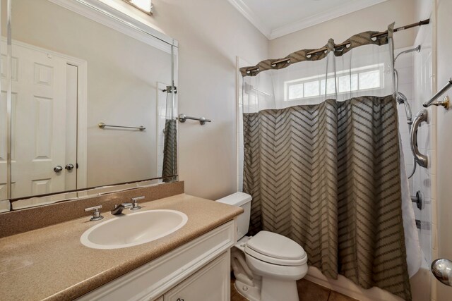 full bath with vanity, shower / tub combo, toilet, and ornamental molding