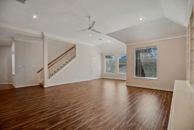 unfurnished living room with dark wood-style flooring, crown molding, lofted ceiling, ceiling fan, and stairs