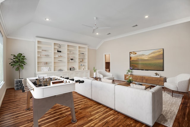 living room featuring visible vents, recessed lighting, dark wood-style flooring, vaulted ceiling, and crown molding