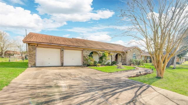 view of front facade with an attached garage, driveway, brick siding, and a front yard