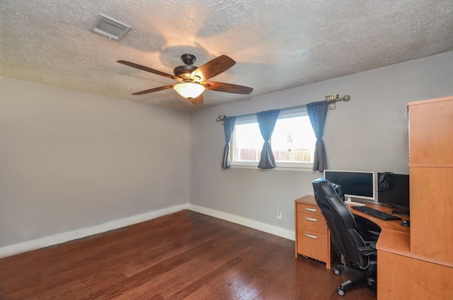 office area with visible vents, ceiling fan, baseboards, a textured ceiling, and dark wood-style flooring