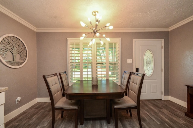 dining space featuring dark wood-type flooring, a chandelier, ornamental molding, and a textured wall