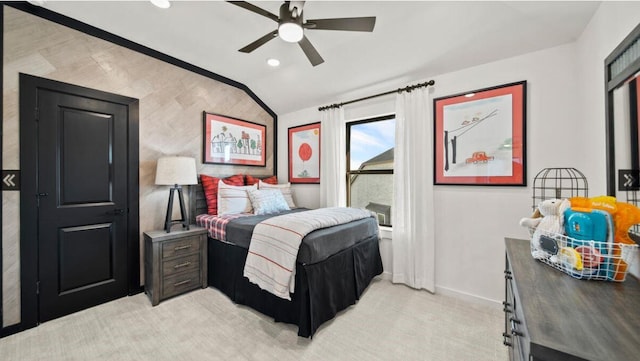 409 Silver Moon Way, Katy, TX 77493 - bedroom featuring lofted ceiling, baseboards, light colored carpet, ceiling fan, and recessed lighting