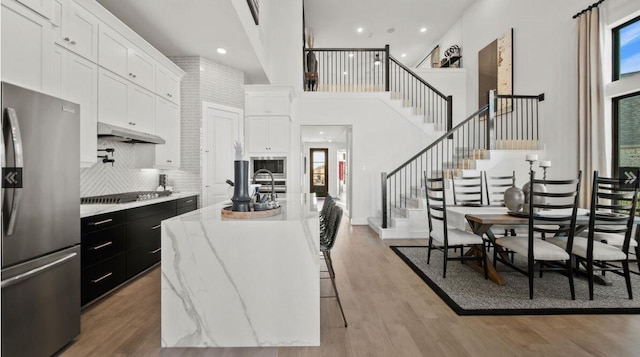 409 Silver Moon Way, Katy, TX 77493 - kitchen with stainless steel appliances, dark cabinets, white cabinetry, under cabinet range hood, and a towering ceiling