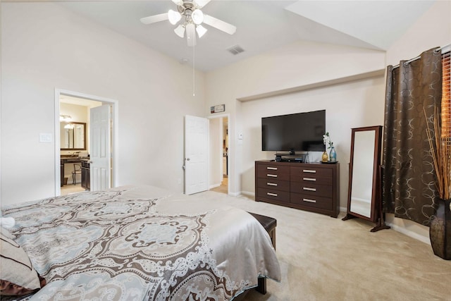 bedroom with light carpet, baseboards, visible vents, and vaulted ceiling