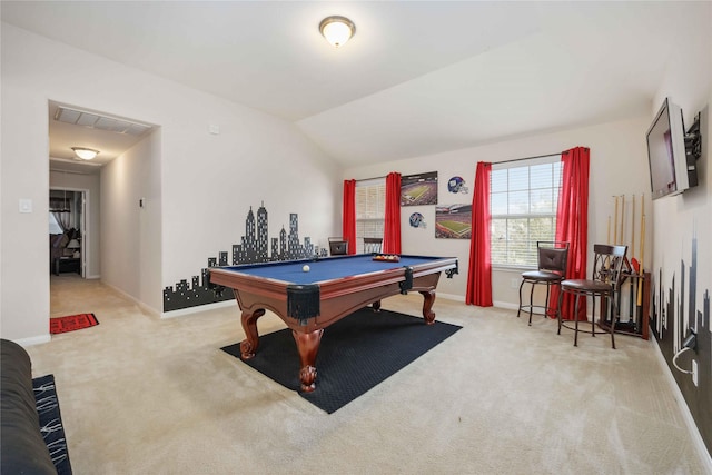 rec room with vaulted ceiling, carpet floors, billiards, and visible vents