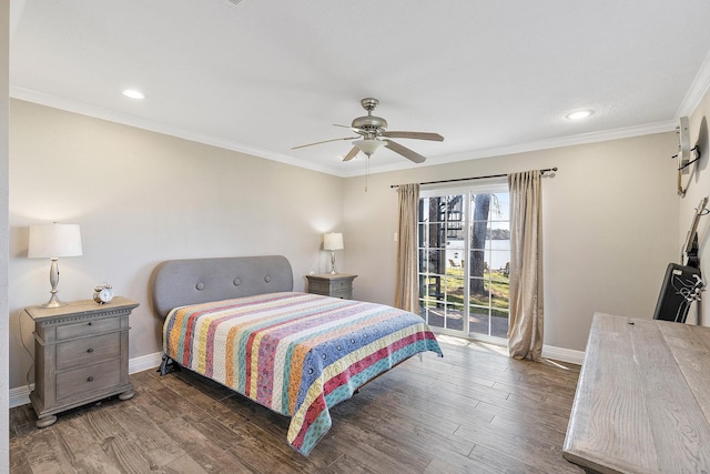 bedroom featuring baseboards, wood finished floors, access to exterior, and ornamental molding