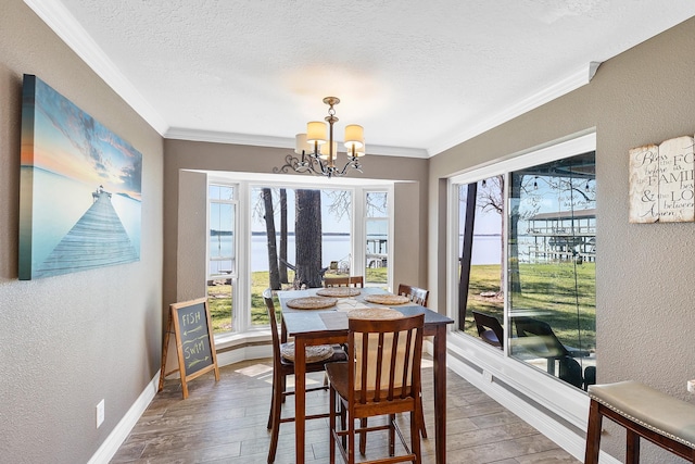 dining space featuring an inviting chandelier, wood finished floors, and a textured wall