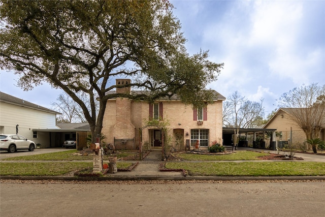 view of front of house with a carport, a chimney, and driveway