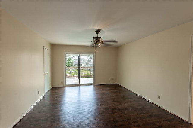 unfurnished room featuring ceiling fan, baseboards, and dark wood-style flooring