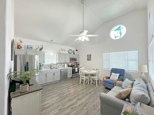 kitchen featuring light countertops, appliances with stainless steel finishes, light wood-style floors, a sink, and plenty of natural light