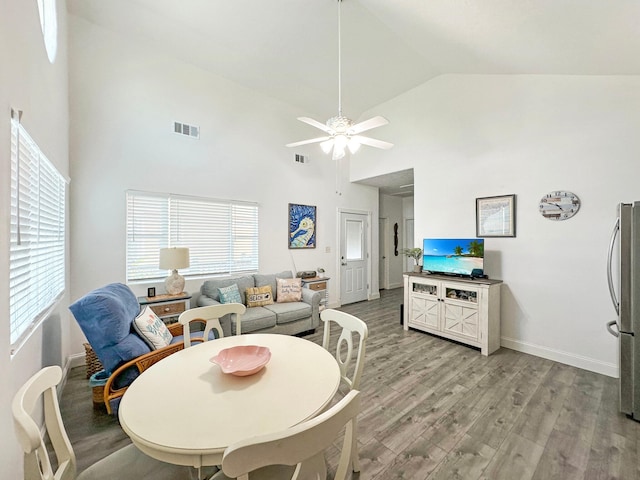 dining room featuring high vaulted ceiling, a ceiling fan, visible vents, and light wood-style floors