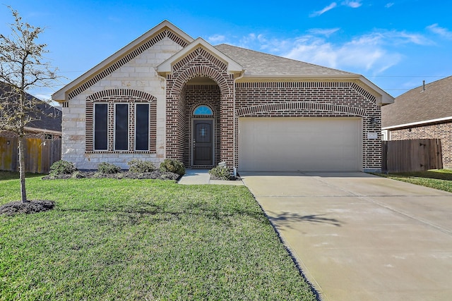 french provincial home with driveway, an attached garage, fence, a front lawn, and brick siding