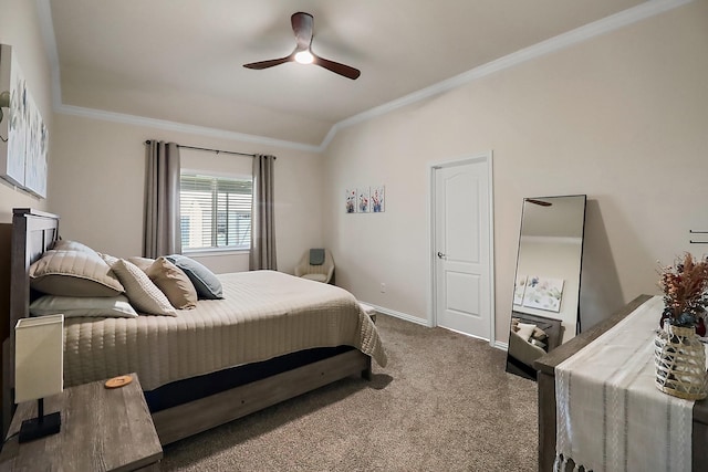 carpeted bedroom with ornamental molding, a ceiling fan, and baseboards