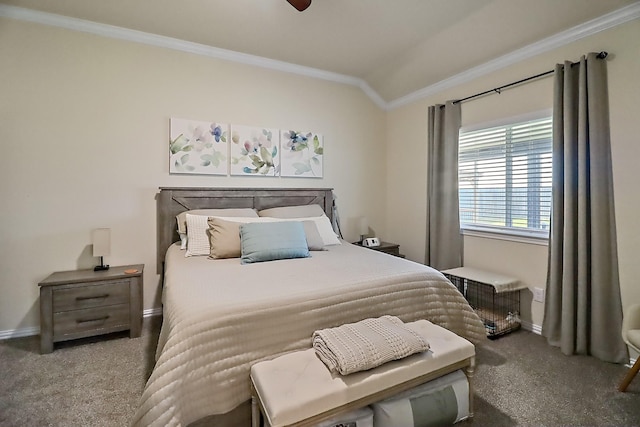 carpeted bedroom featuring baseboards, lofted ceiling, and crown molding