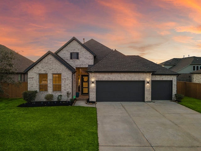 french country inspired facade with a garage, brick siding, a lawn, and fence