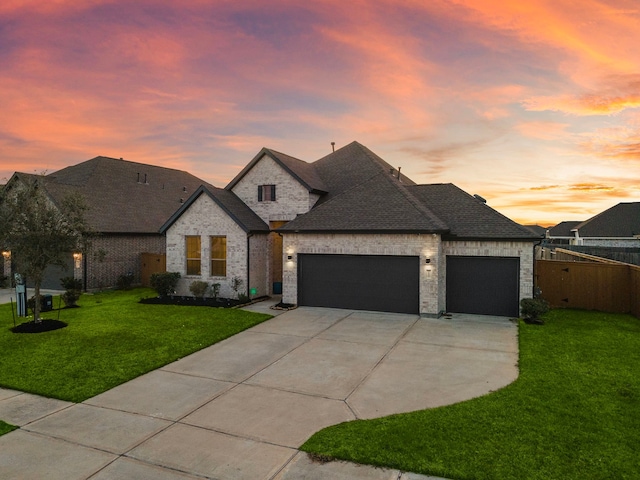 french country home featuring brick siding, a yard, a shingled roof, a garage, and driveway