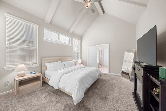 carpeted bedroom with high vaulted ceiling, beam ceiling, ceiling fan, and baseboards