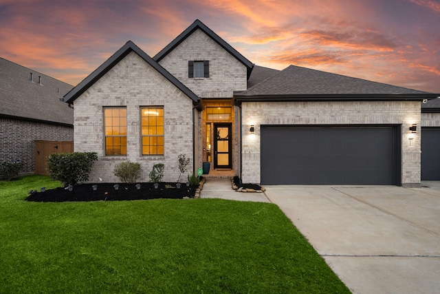 french country home with a garage, a front lawn, concrete driveway, and brick siding