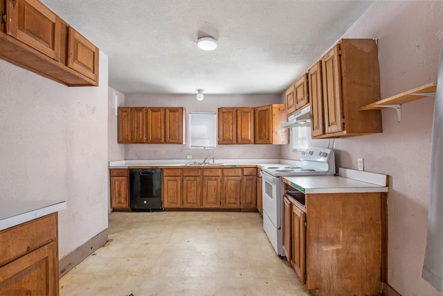 kitchen with black dishwasher, brown cabinets, light floors, white electric range, and under cabinet range hood