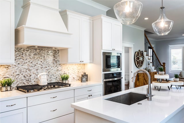 kitchen featuring premium range hood, a sink, ornamental molding, appliances with stainless steel finishes, and tasteful backsplash