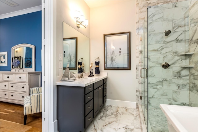 bathroom with marble finish floor, visible vents, a shower stall, vanity, and baseboards