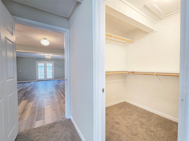 walk in closet featuring carpet, wood finished floors, and french doors