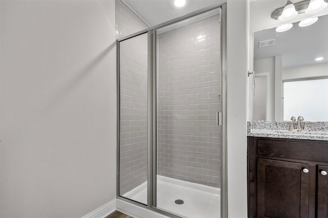 13324 Silver Egret Ln, Texas City, TX 77568 - full bath with a stall shower, vanity, visible vents, and baseboards