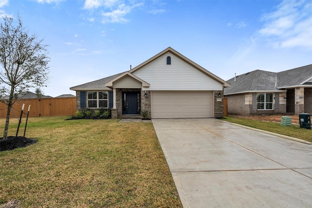 ranch-style home featuring driveway, a front lawn, an attached garage, and fence