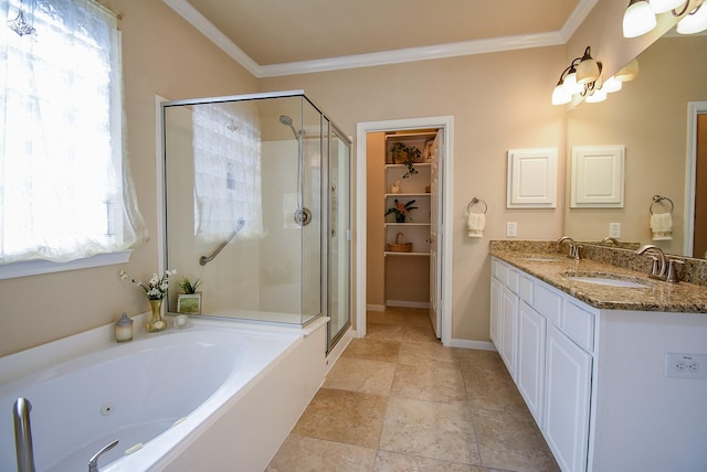 bathroom featuring a stall shower, a sink, and crown molding