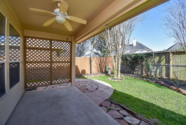 view of patio / terrace featuring a ceiling fan and a fenced backyard