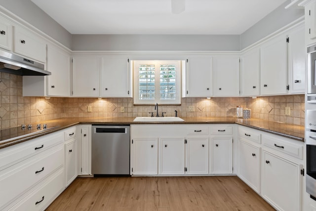 kitchen featuring light wood-type flooring, a sink, under cabinet range hood, stainless steel dishwasher, and white cabinetry