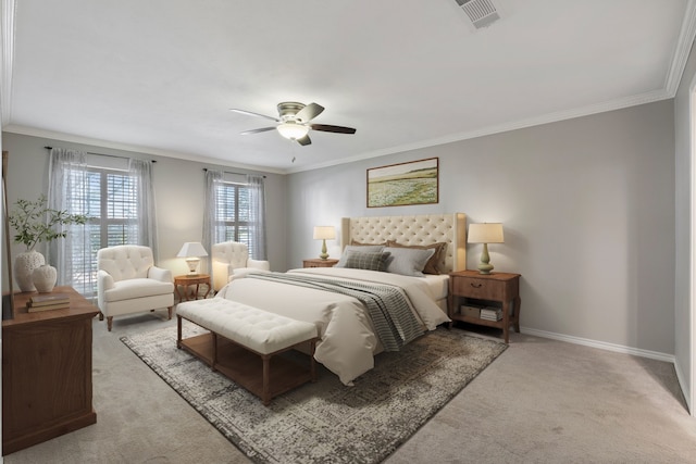 bedroom featuring visible vents, ornamental molding, a ceiling fan, carpet floors, and baseboards