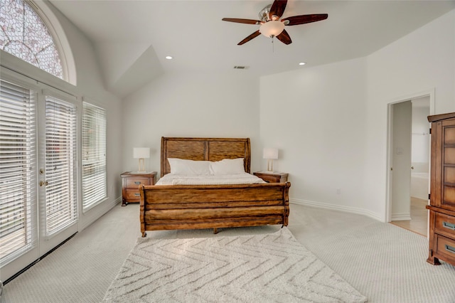 bedroom with visible vents, baseboards, light colored carpet, access to exterior, and recessed lighting