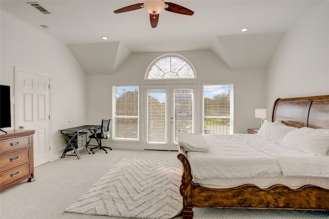 bedroom with access to exterior, recessed lighting, visible vents, light carpet, and vaulted ceiling