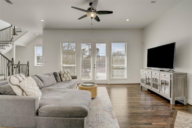 living area featuring recessed lighting, wood finished floors, ceiling fan, and stairs