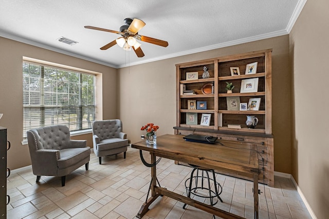 office with baseboards, visible vents, ceiling fan, and crown molding