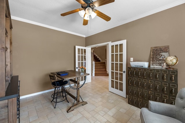 office area with french doors, crown molding, stone tile floors, ceiling fan, and baseboards