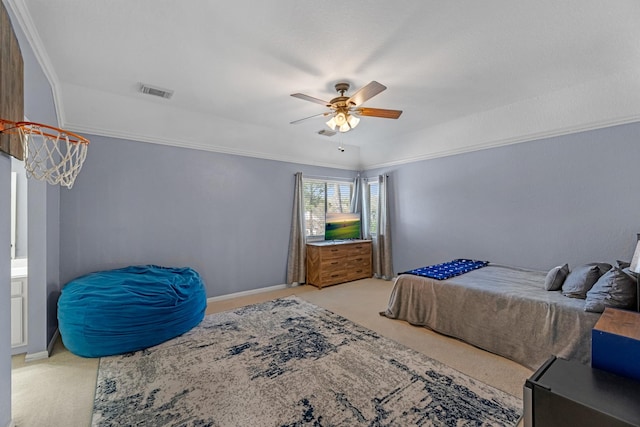 bedroom featuring light colored carpet, visible vents, crown molding, and ceiling fan